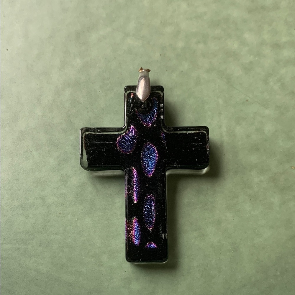 Black blown glass Cross Pendant with Iridescent Accents and silver nail